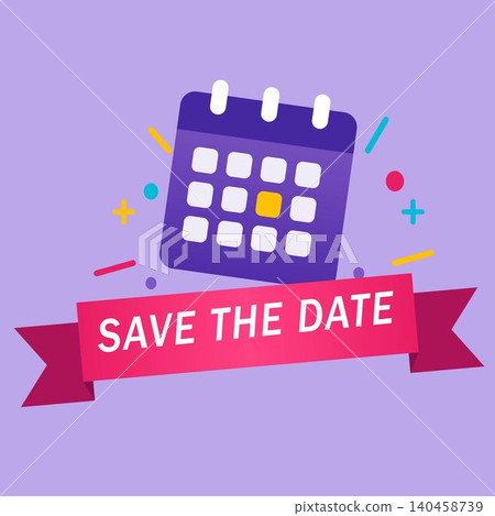 Save The Date Calendar Illustration Purple Background Yellow Highlighted Day Decorative Elements Ribbon Banner Event Reminder Announcement Concept Graphic Design Save The Date Calendar Illustration Purple Background Yellow Highlighted Day Decorative Elements Ribbon Banner Event Reminder Announcement Concept Graphic Design 140458739