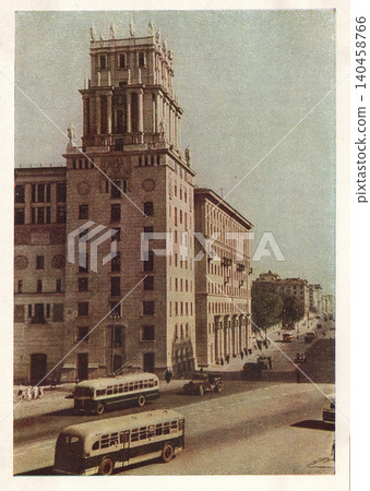 Moscow, USSR - June 22, 1953: New building on Kaluzhskaya Street in a Soviet postcard photographed by I. Shagin. Moscow, USSR - June 22, 1953: New building on Kaluzhskaya Street in a Soviet postcard photographed by I. Shagin. 140458766