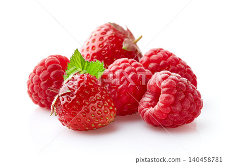 Raspberry with strawberry on white background Raspberry with strawberry on white background 140458781
