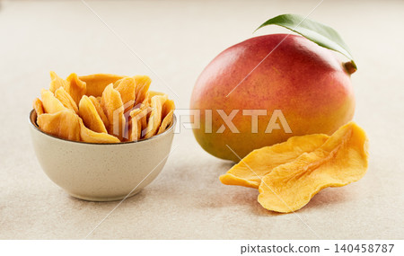 Mango slices dehydrated in closeup in beige background Mango slices dehydrated in closeup in beige background 140458787