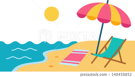 Beach Scene With Umbrella, Chair, Towel, and Sea on a Sunny Day Beach Scene With Umbrella, Chair, Towel, and Sea on a Sunny Day 140458852