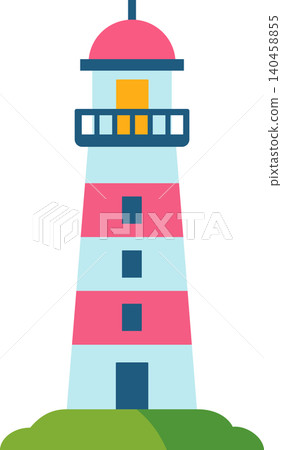 Bright Lighthouse Standing Tall on Green Land During Daytime With Simple Design and Colors Bright Lighthouse Standing Tall on Green Land During Daytime With Simple Design and Colors 140458855