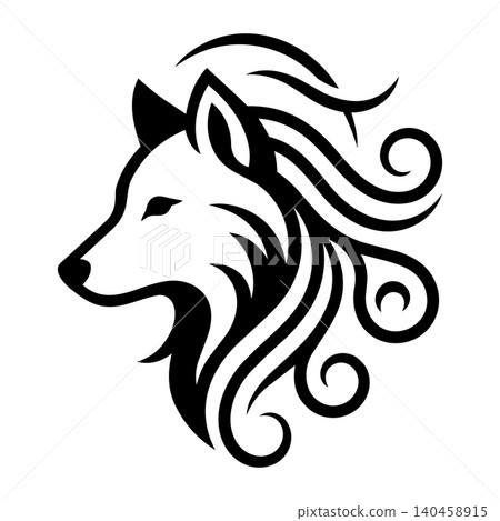 Wolf Head Design With Flowing Mane Featuring Curls and Smooth Lines Wolf Head Design With Flowing Mane Featuring Curls and Smooth Lines 140458915