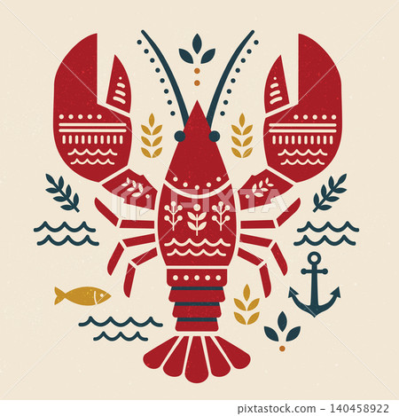 Design Featuring a Lobster With Decorative Elements and Nautical Themes in a Simple Style Design Featuring a Lobster With Decorative Elements and Nautical Themes in a Simple Style 140458922