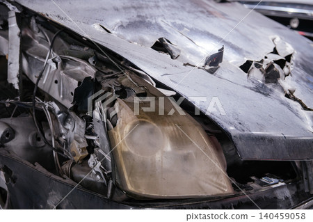 Close-up view of heavily damaged car front end. Hood is crumpled and torn, revealing mangled metal and components. Cracked headlight shows extent of impact and destruction. Close-up view of heavily damaged car front end. Hood is crumpled and torn, revealing mangled metal and components. Cracked headlight shows extent of impact and destruction. 140459058