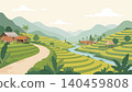 Beautiful terraced rice fields in Asian countryside landscape, flat vector illustration 140459808