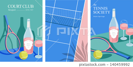 Tennis club lifestyle vertical posters, banners and flyers. Vintage design with rose wine bottle and Tennis club lifestyle vertical posters, banners and flyers. Vintage design with rose wine bottle and 140459992