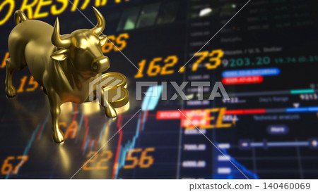 Golden Bull Market Rally With Coins And Trading Screen 3d render. Golden Bull Market Rally With Coins And Trading Screen 3d render. 140460069