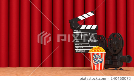 Cinema Stage Scene With Popcorn And Film Clapperboard 3d render. Cinema Stage Scene With Popcorn And Film Clapperboard 3d render. 140460073