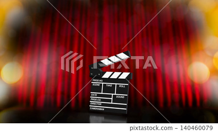 Cinematic Clapperboard On Red Curtain Background 3d render. Cinematic Clapperboard On Red Curtain Background 3d render. 140460079