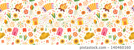 Festa Junina Vector Seamless Pattern, Festive Background with Sunflowers, Straw Hat, Accordion, Corn for Invitations, Posters and Banners Festa Junina Vector Seamless Pattern, Festive Background with Sunflowers, Straw Hat, Accordion, Corn for Invitations, Posters and Banners 140460160