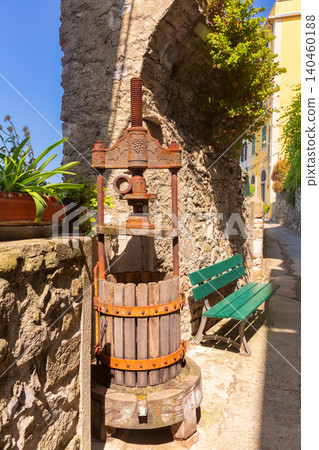 Traditional Wooden Wine Press on Historic Street in Manarola Italy Traditional Wooden Wine Press on Historic Street in Manarola Italy 140460188