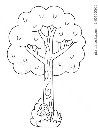 Vector black and white cartoon tree icon. Garden, forest, woodland plant with trunk, leaves, mushroom. Line spring, farm nature illustration. Natural greenery picture, coloring page Vector black and white cartoon tree icon. Garden, forest, woodland plant with trunk, leaves, mushroom. Line spring, farm nature illustration. Natural greenery picture, coloring page 140460503