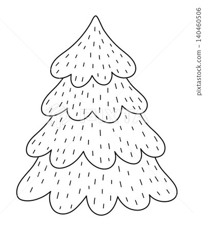 Vector black and white cartoon fir tree icon. Garden, forest, woodland line spruce tree with white trunk and leaves. Outline spring, farm plant illustration. Natural greenery picture, coloring page 140460506