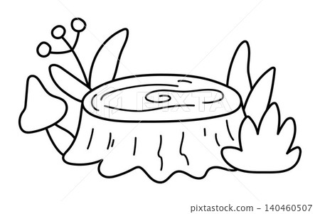 Vector black and white tree stump icon decorated with wild mushroom, wild berries, grass. Woodland, forest or garden line clipart. Nature object illustration, coloring page Vector black and white tree stump icon decorated with wild mushroom, wild berries, grass. Woodland, forest or garden line clipart. Nature object illustration, coloring page 140460507