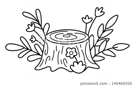 Vector black and white tree stump icon decorated with wild flowers, leaves, grass. Woodland, forest or garden line clipart. Nature object illustration, coloring page isolated on white background Vector black and white tree stump icon decorated with wild flowers, leaves, grass. Woodland, forest or garden line clipart. Nature object illustration, coloring page isolated on white background 140460508