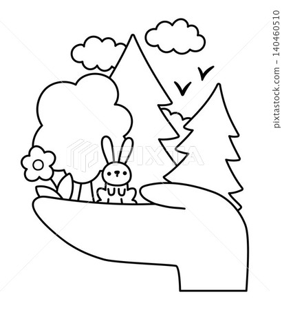 Vector black and white hand holding trees, flower, rabbit. Ecological forest, nature preservation, planting tree concept. Deforestation and woods protection line illustration, coloring page Vector black and white hand holding trees, flower, rabbit. Ecological forest, nature preservation, planting tree concept. Deforestation and woods protection line illustration, coloring page 140460510