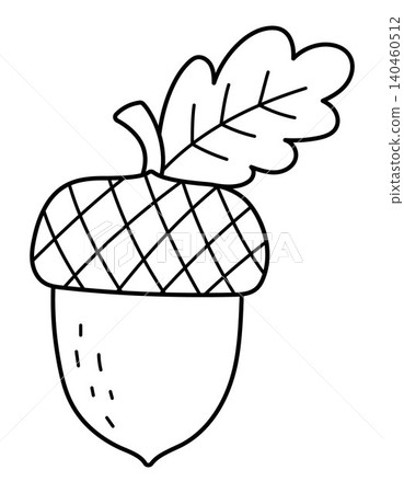 Vector black and white cartoon acorn with leaf clipart. Woodland, forest, garden acorn tree fruit line icon. Forest nature illustration, coloring page. Autumn or fall harvest 140460512