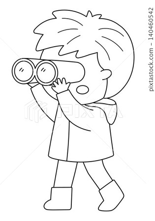 Vector black and white cartoon boy standing with binoculars. Cute line kid explorer. Funny child with field glass clipart. Little outline scientist, naturalist icon, coloring page Vector black and white cartoon boy standing with binoculars. Cute line kid explorer. Funny child with field glass clipart. Little outline scientist, naturalist icon, coloring page 140460542