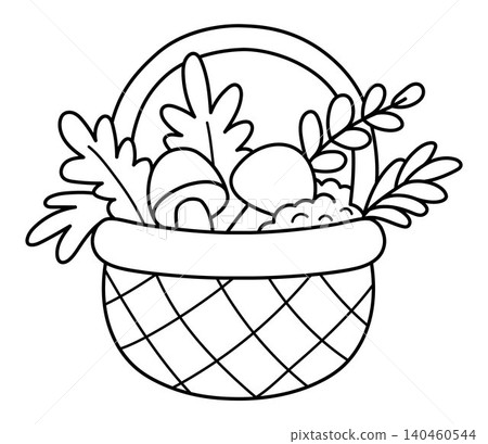 Vector black and white cartoon mushroom basket clipart. Woodland, garden bag with leaves line icon isolated on white background. Forest nature illustration, coloring page. Cottage core harvest Vector black and white cartoon mushroom basket clipart. Woodland, garden bag with leaves line icon isolated on white background. Forest nature illustration, coloring page. Cottage core harvest 140460544