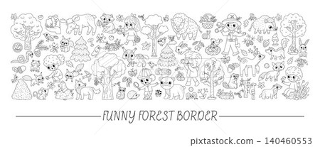 Forest animals black and white horizontal set for kids. Vector woodland birds, insects, trees, plants. Cartoon wildlife card template. Cute bear, fox, deer line clipart, illustration, coloring page Forest animals black and white horizontal set for kids. Vector woodland birds, insects, trees, plants. Cartoon wildlife card template. Cute bear, fox, deer line clipart, illustration, coloring page 140460553