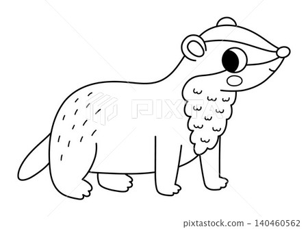 Vector black and white cartoon badger isolated on white background. Funny line animalistic clipart. Cute forest animal icon for kids. Outline woodland element. Woods wildlife illustration, coloring Vector black and white cartoon badger isolated on white background. Funny line animalistic clipart. Cute forest animal icon for kids. Outline woodland element. Woods wildlife illustration, coloring 140460562