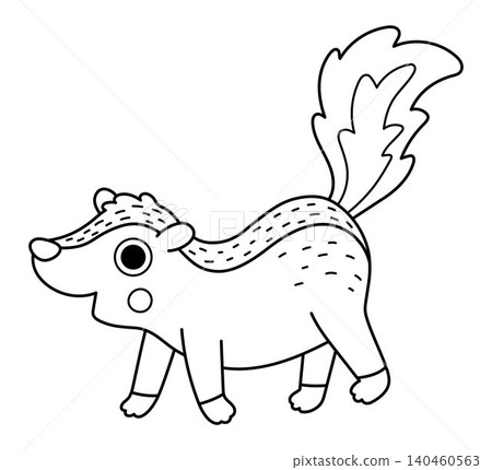 Vector black and white cartoon skunk isolated on white background. Funny line mephitis clipart. Cute forest animal icon for kids. Outline woodland element. Woods wildlife illustration, coloring page Vector black and white cartoon skunk isolated on white background. Funny line mephitis clipart. Cute forest animal icon for kids. Outline woodland element. Woods wildlife illustration, coloring page 140460563