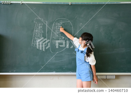 一名小學生在黑板上的課表前進行演講。 一名小學生在黑板上的課表前進行演講。 140460710