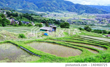 Rice planting has finished in the terraced rice fields of Obasute. Rice planting has finished in the terraced rice fields of Obasute. 140460725