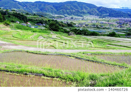 Rice planting has finished in the terraced rice fields of Obasute. Rice planting has finished in the terraced rice fields of Obasute. 140460726