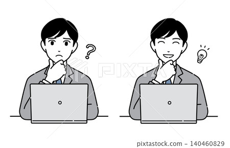Illustration of a man in a suit having an idea while looking at a computer screen - Set 7 Illustration of a man in a suit having an idea while looking at a computer screen - Set 7 140460829