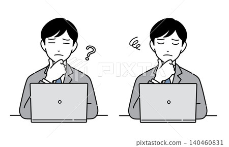 圖解：一位身穿西裝的男士正看著電腦螢幕，陷入沉思。 （圖集9） 140460831