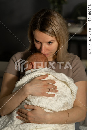 A mother cradles her newborn wrapped in a soft blanket, sharing a tender moment in an intimate home environment as evening light gently illuminates them. A mother cradles her newborn wrapped in a soft blanket, sharing a tender moment in an intimate home environment as evening light gently illuminates them. 140460968