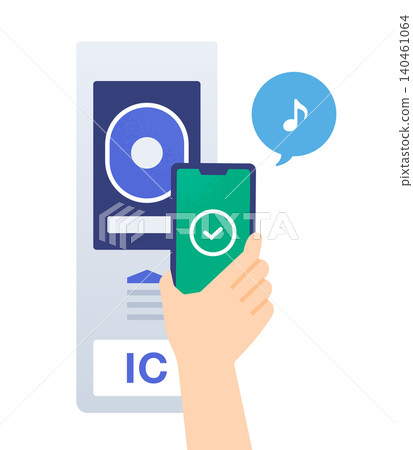 Illustration of a hand touching a smartphone's mobile IC card to an automatic ticket gate. 140461064