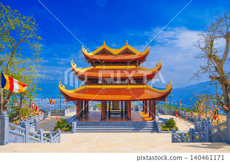 gate at Vietnamese Buddhist Golden Pagoda Truc Lam Phung Thuy Son on the mountain in Nha Trang city in Vietnam gate at Vietnamese Buddhist Golden Pagoda Truc Lam Phung Thuy Son on the mountain in Nha Trang city in Vietnam 140461171