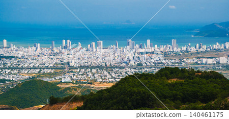 Panorama of Nha Trang city in Vietnam from the top of mountain. Panoramic view of Nha Trang city from above from drone. A seaside resort town in Asia 140461175