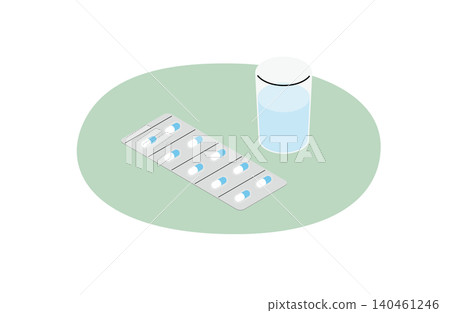 An illustration (without outlines) of a glass of water and 10 white and light blue capsules on one sheet. An illustration (without outlines) of a glass of water and 10 white and light blue capsules on one sheet. 140461246