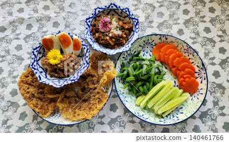 Traditional Thai Chili Paste Set with Crispy Catfish and Vegetables 140461766