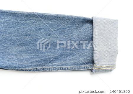 roll up sleeve of blue denim shirt texture isolated on white background, jean fashion style roll up sleeve of blue denim shirt texture isolated on white background, jean fashion style 140461890