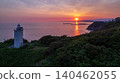 A spectacular view of Amigozaki Cape and Amigozaki Cape Lighthouse bathed in the morning sun (Kaga City, Ishikawa Prefecture - drone aerial photography) 140462055