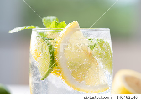Refreshing iced lemon lime soda in a glass decorated with fresh mint leaves Refreshing iced lemon lime soda in a glass decorated with fresh mint leaves 140462146