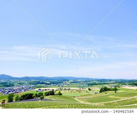 View of Kamifurano town from Hinode Park in Kamifurano, Hokkaido, where lavender is in bloom. View of Kamifurano town from Hinode Park in Kamifurano, Hokkaido, where lavender is in bloom. 140462584