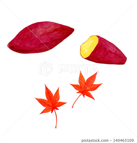 Hand-painted watercolor set of autumn elements: roasted sweet potato and autumn leaves, with separate illustration parts. 140463109