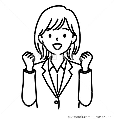 Line drawing illustration of a female office worker (upper body) making a victory pose. 140463288