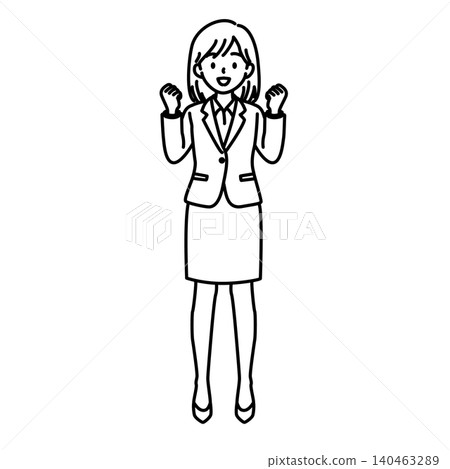 Line art illustration of a female office worker (full body) making a victory pose. 140463289