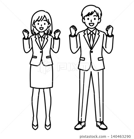 A line drawing illustration of a female office worker and a male office worker (full body) making a victory pose. 140463290