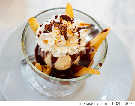 French dessert Poire belle Helene of poached pears with ice cream French dessert Poire belle Helene of poached pears with ice cream 140463300