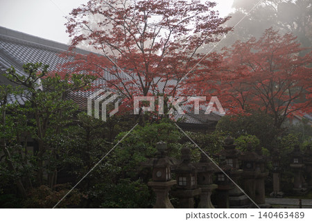 This photograph shows the grounds of Iwashimizu Hachimangu Shrine in Yawata City, Kyoto Prefecture, amidst the autumn colors shrouded in mist. This photograph shows the grounds of Iwashimizu Hachimangu Shrine in Yawata City, Kyoto Prefecture, amidst the autumn colors shrouded in mist. 140463489