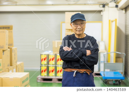 Senior working men wearing canvas aprons Senior working men wearing canvas aprons 140463589