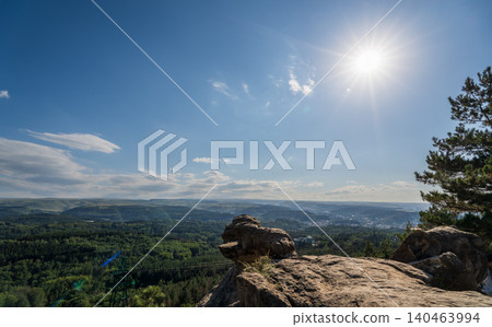 Majestic rocky cliffs and towering pine trees against blue sky. Majestic rocky cliffs and towering pine trees against blue sky. 140463994